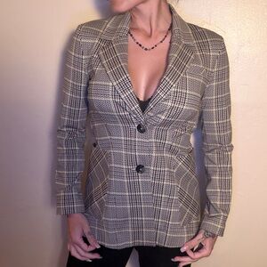 CAbi Preppy Plaid Very Stretchy Blazer in Tan and Black 90s Fashion